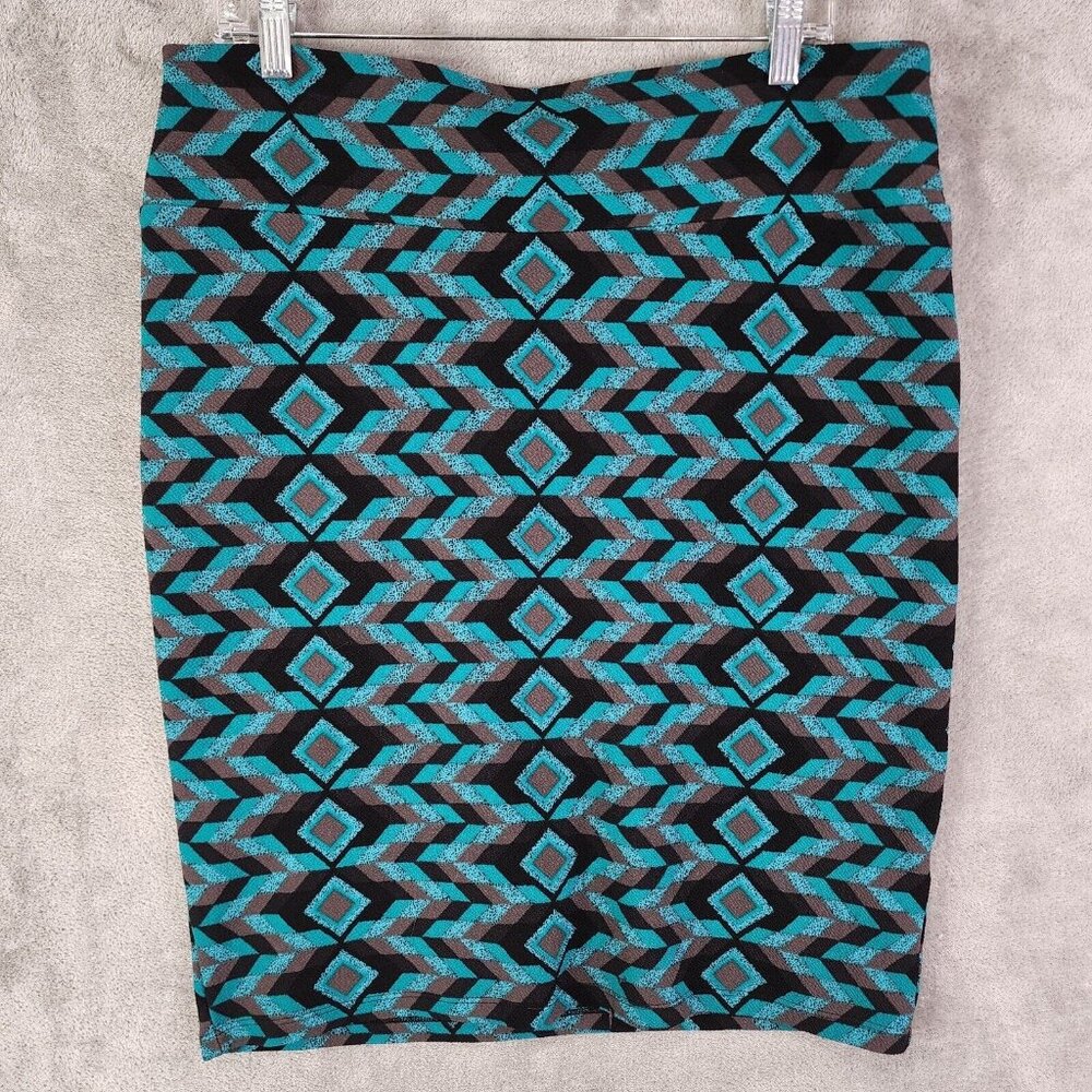 Womens LuLaRoe Cassie Skirt Teal Blue Geometric Knee Length Unlined Pull On XL